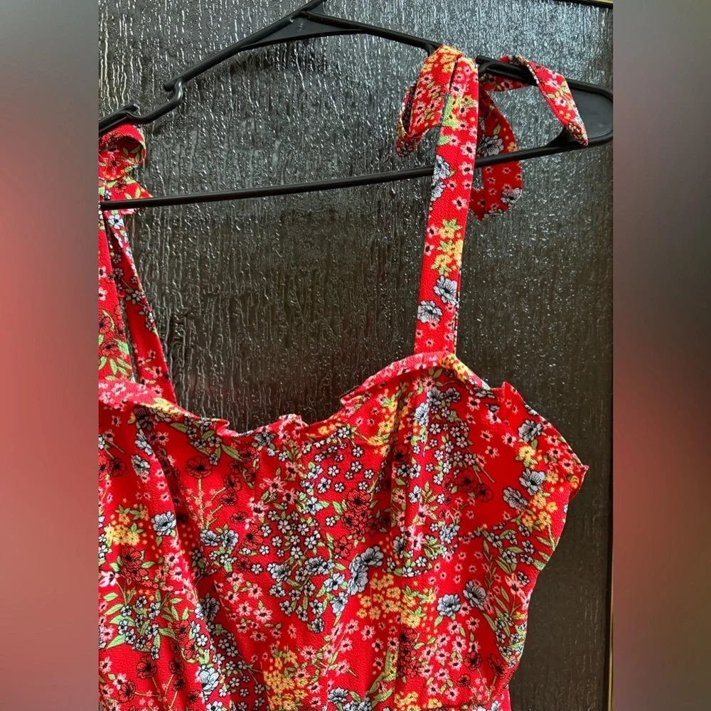 B. Darlin Red Floral Mini Dress with Bow Shoulder Ties - Size 11/12